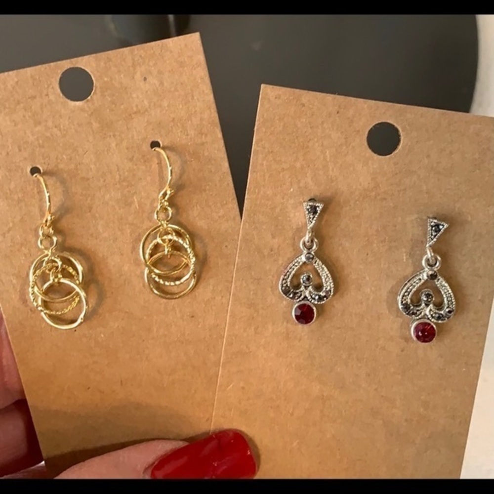 💐5/25 2 pair delicate dangle drop crystal gold tone circle earrings